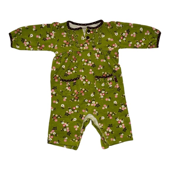 Carters Floral Romper Green Brown Trim Long Sleeve Pockets Size 3‎ Months - Picture 1 of 6